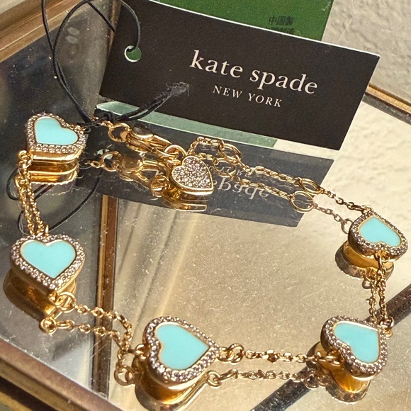 KATE SPADE BRACELET ⭐️TAKE HEART PAVE CRYSTAL- MINT ENAMEL CZ GOLD TONE-Pierced - Picture 1 of 16
